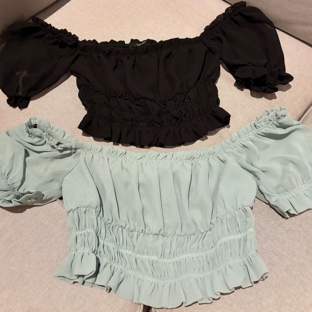 Forever 21 Black and Mint Off-Shoulder Blouses